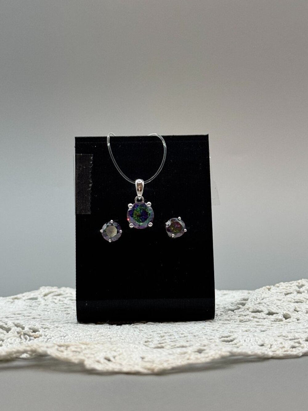 Sterling Silver Faux Mystic Topaz Pendant & Post Earrings Set No Chain